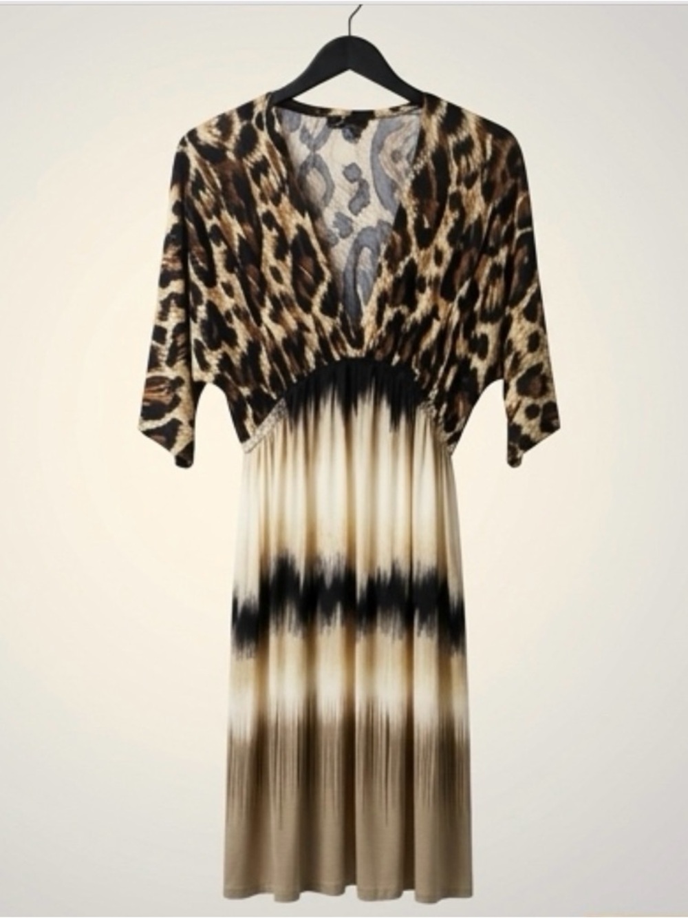 Leopard Print & Ombre Midi Dress in Brown and Black stretchy material.